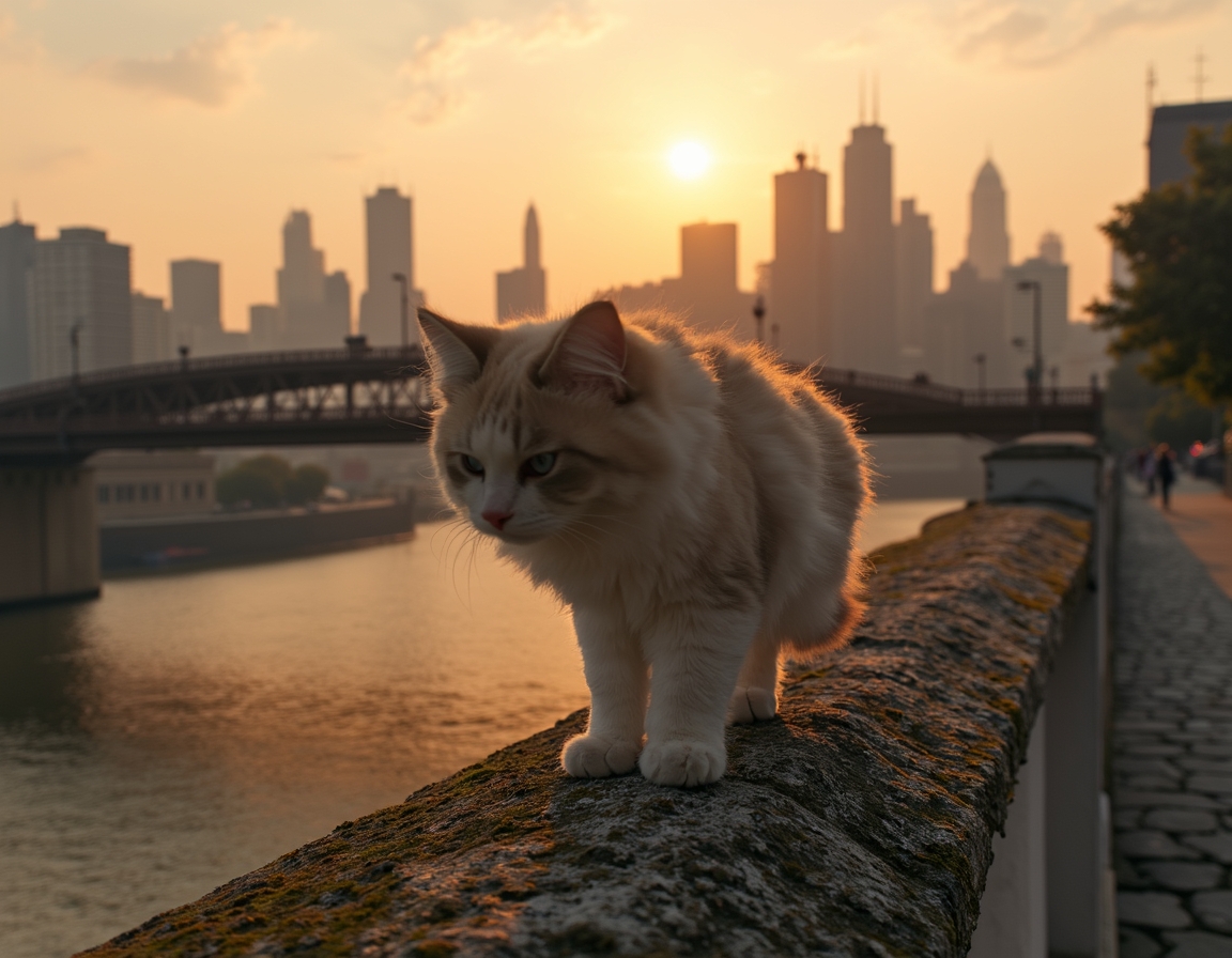 Cat explores a scenic urban bridge, taking in the breathtaking views of the skyline.